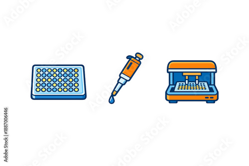 Laboratory tools for science experiments with a sample plate, pipette, and automated machine at a lab setting