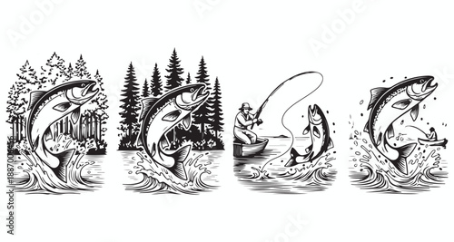 Illustrated sequence of a fisherman catching a large fish Vector