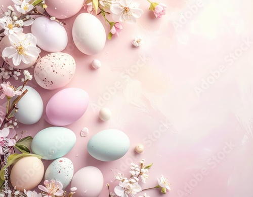 Colorful Easter Eggs Surrounded by Delicate Spring Flowers