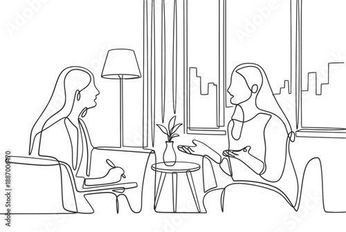 Two women in a counseling session with a therapist at a window