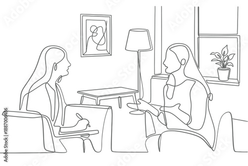 Line drawing depicts a therapy session with two women in a room