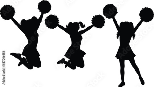 Silhouettes of cheerleaders jumping and posing with pom-poms for sports, dance, energy, celebration, and vector design content