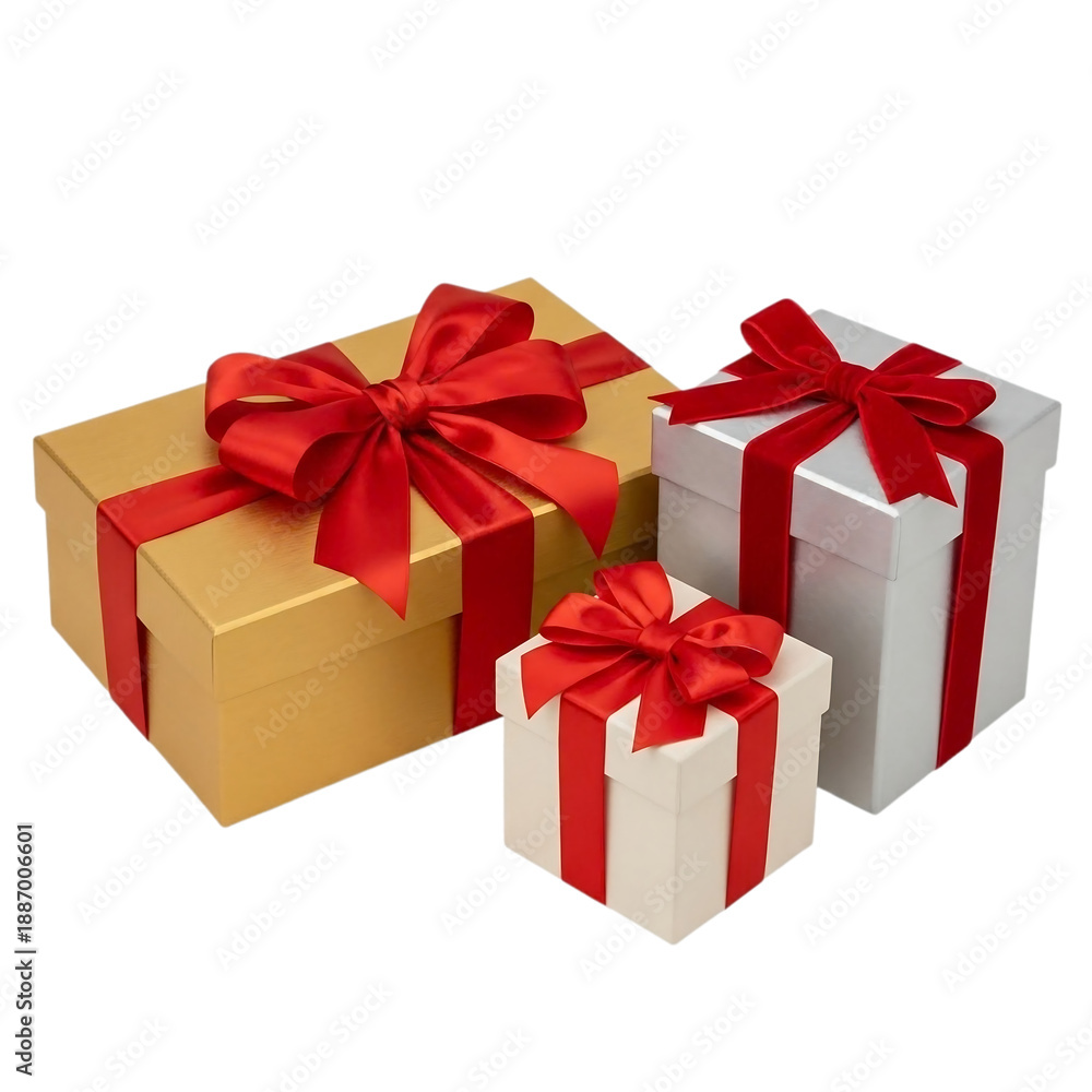 Fototapeta premium Three elegantly wrapped gift boxes with red ribbons, including gold, silver, and cream colors, isolated on white.