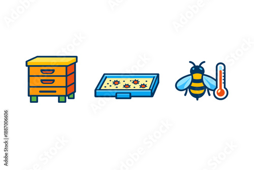 Detailed drawing of a storage cabinet, a sandbox with toy shapes, and a bee with a thermometer on a plain background