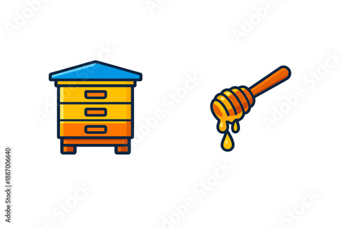 Bee hive and honey dipper show honey production process at a farm in summer season in a clear and bright setting