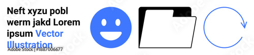 Communication, data management, organization, user interface, positivity, process flow. Blue happy face, folder and circular arrow. Communication and data management concept
