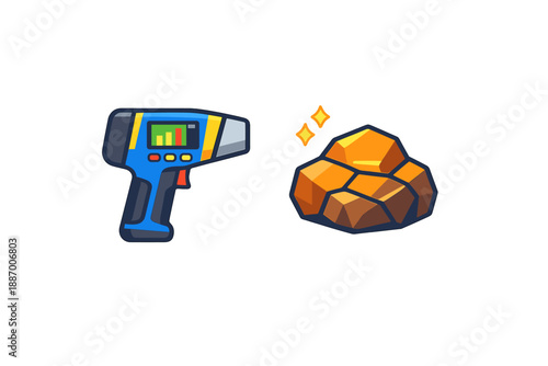 Tool for mineral detection and a piece of gold ore are displayed side by side in a simple graphic design showing mining equipment