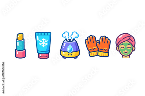 Winter skincare routine with lip balm, moisturizer, humidifier, gloves, and face mask