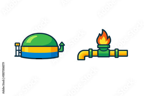 Gas storage and transportation equipment seen together with a gas flare on a simple background