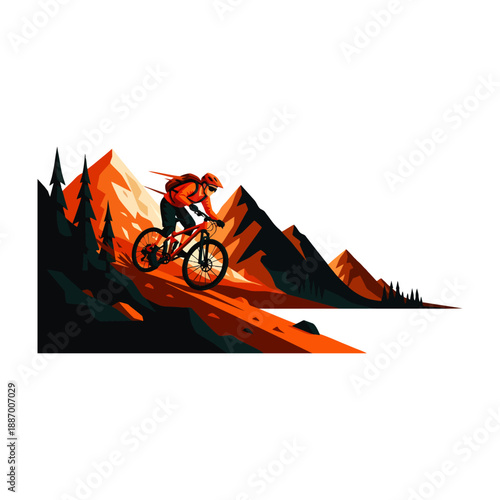 Digital illustration of a mountain biker riding down a trail with a scenic mountain range and trees in the background with warm orange tones.