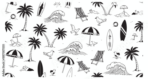Tropical beach icons collection featuring palm trees and surfboards Vector