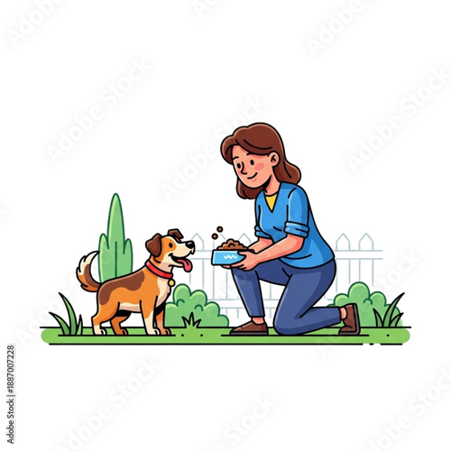 woman feeding dog in yard.  Woman feeding happy dog in yard, pet care, love, friendship, outdoor, healthy food, owner and animal bonding, domestic companion, playful pup, healthy lifestyle, outdoors a