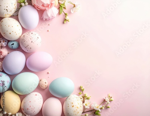 Colorful Easter Eggs and Flowers Arrangement on Soft Pink Background