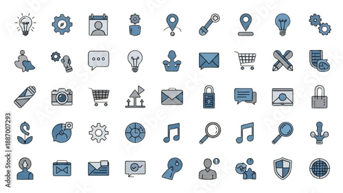Collection of various monochrome icons representing different digital concepts and actions displayed on a grid layout
