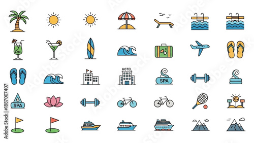 Collection of various vacation and leisure activity icons displayed in a grid