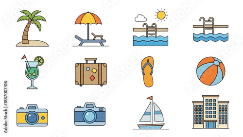 A vibrant collection of travel-themed icons, a visual journey through leisure and adventure, displayed prominently on a clean background from a straightforward viewpoint.