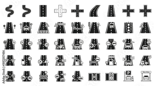 Collection of diverse black and white icons representing various industrial machinery and abstract symbols viewed from a straightforward perspective