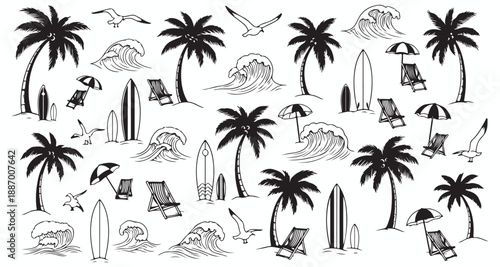 Tropical beach scene with palm trees and surfing elements Vector