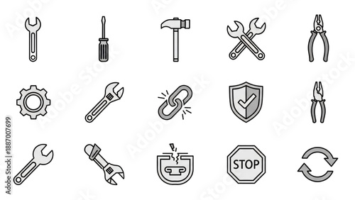 Collection of simple line icons representing various tools and symbols for maintenance, repair, and security on a clean white background, viewed from directly above.