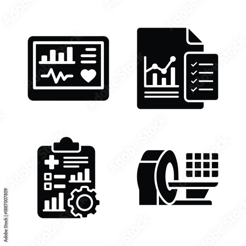 Medical Diagnostics and Healthcare Analytics Icon Set featuring Advanced Imaging and Clinical Reports