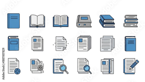 Collection of blue and gray document icons displayed on a neutral background from a straightforward viewpoint