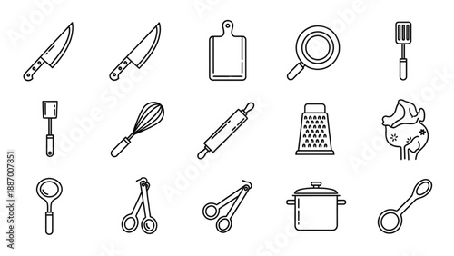 Collection of kitchen utensils and tools displayed in a grid arrangement icons