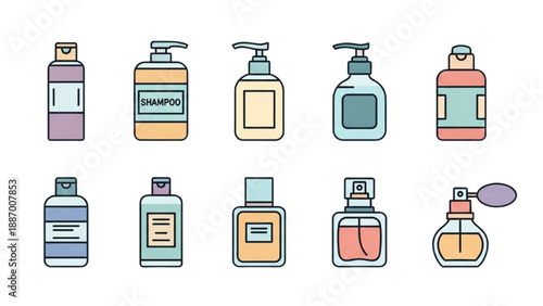 Collection of various cosmetic bottles and containers on a white background viewed from directly above