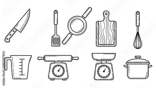 Collection of kitchen utensils and appliances illustration on white background viewed from directly above
