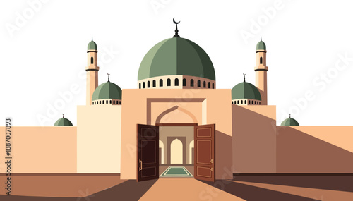 Mosque building with green dome and minarets in bright daylight featuring open wooden entrance gate