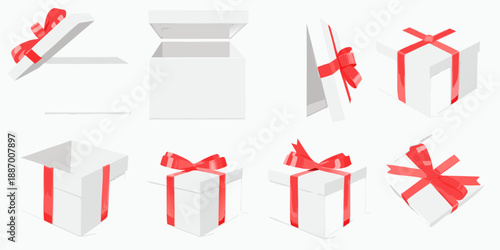 Isometric view of white gift boxes with red ribbons in various stages
