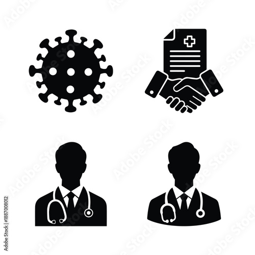 Healthcare Professionals and Global Health Security Icon Set with Virus and Medical Contracts