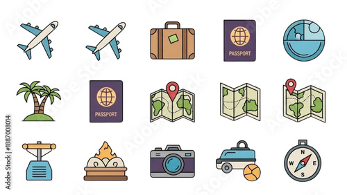 Travel icons collection featuring transportation, destinations, and travel accessories in a flat design style from a top view.