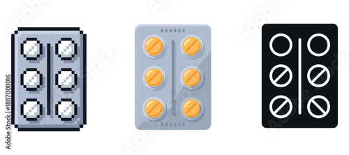 Three styles of medication blister packs: pixel, flat, glyph icons