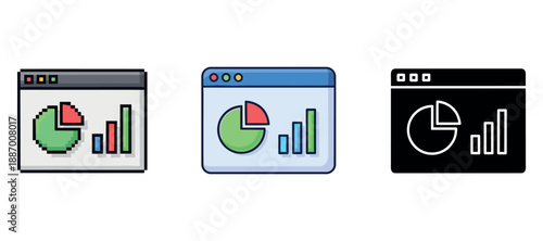 Colorful and monochrome web browser infographics with charts and graphs