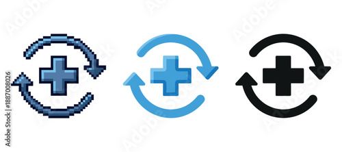 Set of rotating medical cross icons in pixel, flat, and solid styles