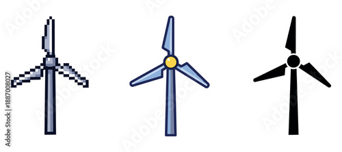 Evolution of wind turbine icons: pixel, cartoon, silhouette