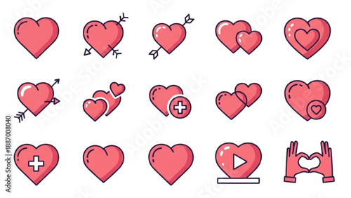 Collection of red heart icons with various symbols and elements in a grid layout