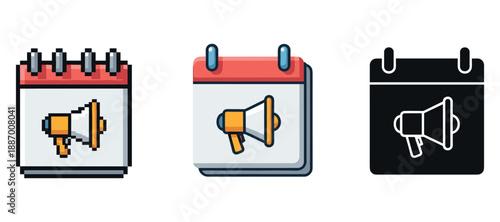 Icon set of calendar and megaphone illustrations in various styles