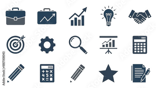 Collection of business icons representing strategy, finance, and partnership in a grid layout on a clean background from a straightforward viewpoint