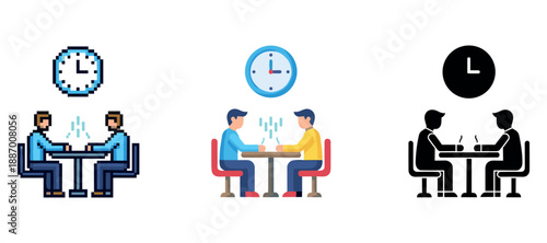 Three styles of men having a meeting at a table under a clock