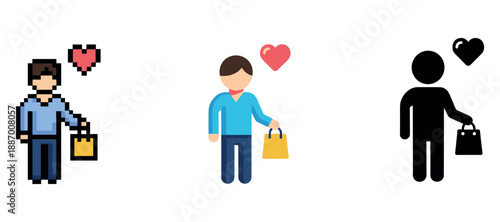 Evolution of shopping icons: pixel, modern flat, and silhouette designs