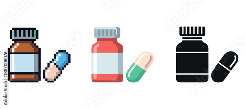 Pixel, flat, and silhouette icons of medicine bottles and capsules