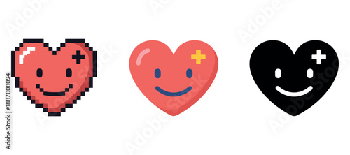Pixel, emoji, and black heart icons with smiley faces