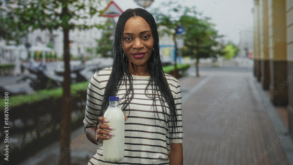 Fototapeta premium Black woman holding milk bottle with hand visible, braided hair and striped top on a city street with blurred buildings and sidewalk; confidence wellness.