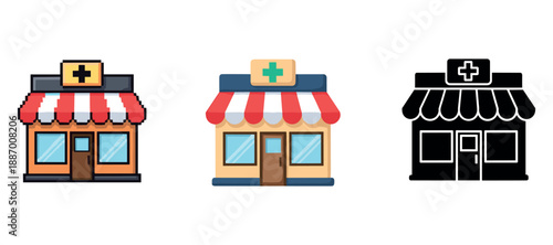 Medical store icons with colorful awning designs and cross symbols