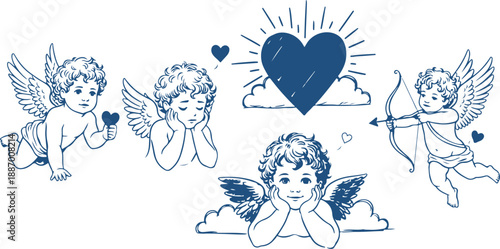 Hand drawn cupid and cherub vector illustration set with hearts, bows and romantic symbols for Valentine’s Day design eps