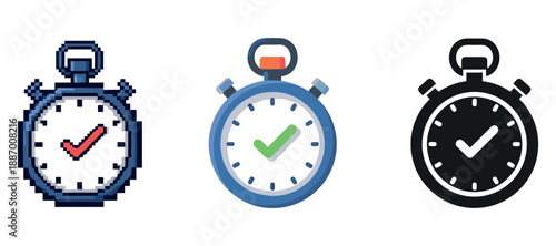 Three stopwatch icons featuring checkmarks in pixel, flat, and solid styles