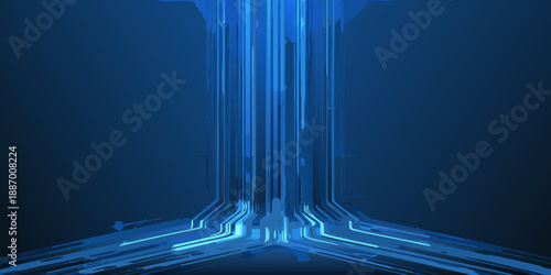 Abstract digital waterfall of blue light streams down into a futuristic divide