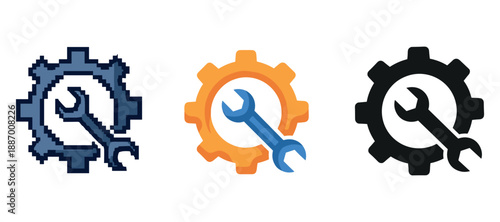 Pixelated and vector gear icons with wrench symbol set on white background