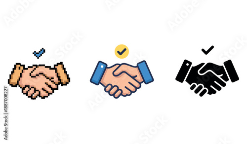 Three styles of handshake icons: pixel, flat, silhouette with checkmarks